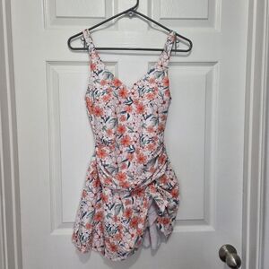 AIDONGER One Piece Women Tummy Control  Modest Skirt V Neck floral Swimdress M